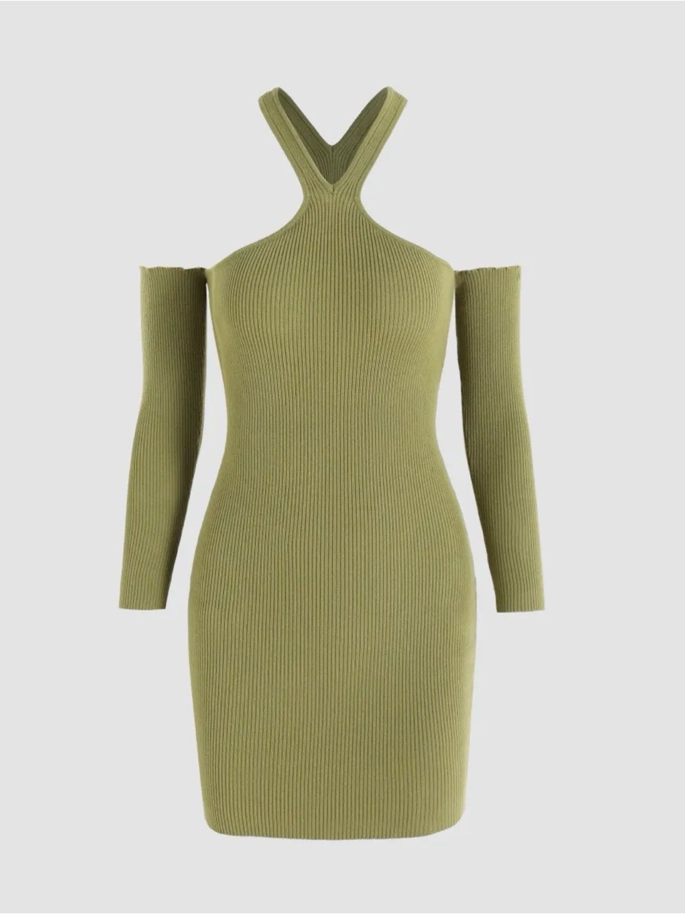 Olive Green Ribbed Knit Halter Dress with Detachable Sleeves